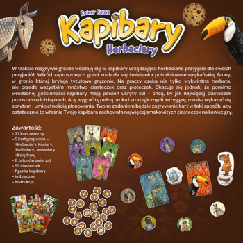 Kapibary Herbaciary, rodzinna gra karciana. Brązowa okładka z kapibarami, tukanem; widoczne karty, żetony i figurka.