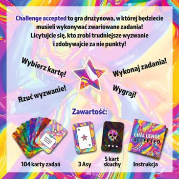 Zestaw gry Challenge Accepted, z kartami zadań, asami i instrukcją, na tle psychodelicznych wzorów. Widok z góry.