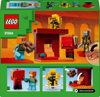 Tył opakowania LEGO Minecraft 21266, ukazujący sceny z postaciami i funkcjami zabawy w Netherze, na zielonym tle.