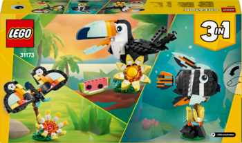 LEGO Creator 3w1, pudełko z tukanem, kwiatem i arbuzem, oraz alternatywnymi figurkami ptaków.