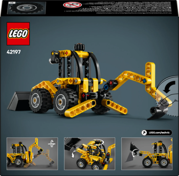 LEGO Technic 42197, żółto-czarna koparka z ruchomym ramieniem i piłą tarczową, widok z tyłu na ciemnym tle.