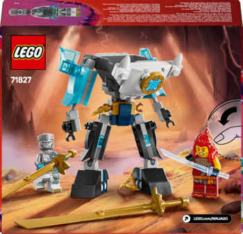Zestaw LEGO Ninjago 71827: potężny mech w bieli, czerni i turkusie, z minifigurkami Zane'a i Kaia, oraz złotymi mieczami.