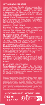 Tył różowego opakowania kremu Yoskine Zen Lift Collagen Pro [20], widoczne instrukcje użycia i lista składników.
