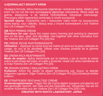Różowa etykieta z białym tekstem: instrukcje użycia Yoskine Zen Lift Collagen Pro 20, bogaty krem ujędrniający.