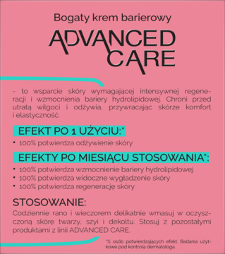 Różowa karta informacyjna kremu barierowego Advanced Care, opisująca wzmocnienie bariery i regenerację skóry.