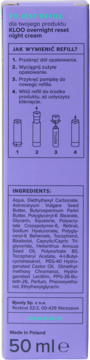 Tył fioletowego opakowania KLOO overnight reset night cream 50ml, z instrukcją wymiany wkładu i składem.
