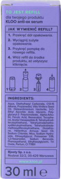 Tył fioletowego opakowania KLOO anti-ox serum refill z instrukcją wymiany i listą składników. 30 ml.