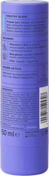 Krem-serum KLOO Healthy Glow, widok z tyłu fioletowej butelki z białymi napisami i listą składników.