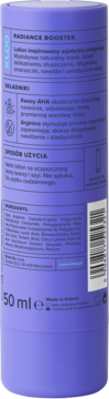 Tył fioletowej butelki Radiance Booster. Lotion peelingujący z AHA i Argininą. Widoczne opisy, skład i 50 ml e.