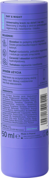 Tył fioletowego opakowania kremu KLOO 50ml. Widoczne składniki aktywne: Glutation, Peptyd, Ceramidy oraz sposób użycia.