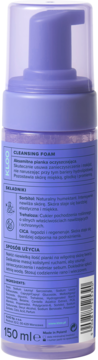 Tył fioletowej pianki KLOO Cleansing Foam 150ml, etykieta ze składnikami (Sorbitol, Trehaloza) i sposobem użycia.