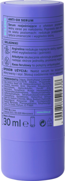 KLOO ANTI-OX SERUM, tył fioletowej butelki 30 ml z listą składników i opisem działania produktu.