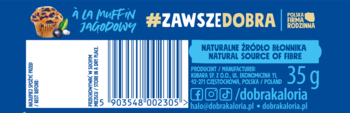 Niebieskie opakowanie batona Dobra Kaloria À la Muffin Jagodowy. Widoczny tył z kodem, ikoną muffina i tekstem "NATURALNE ŹRÓDŁO BŁONNIKA", 35g.