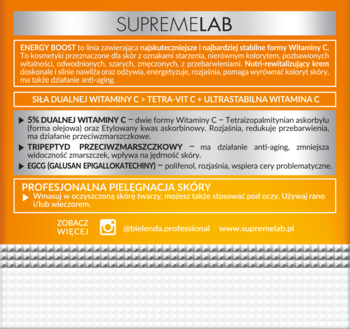 Etykieta Bielenda SupremeLab Energy Boost, krem nutri-rewitalizujący z 5% witaminą C. Lista składników aktywnych.