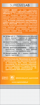 Tył pomarańczowego opakowania kremu Bielenda Supremelab Energy Boost SPF 50 z opisem składników. Widoczne szczegóły formuły i wskazówki pielęgnacyjne.