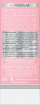 Tył opakowania serum Bielenda Professional SupremeLab Azelac Derm z różową etykietą, widoczne składniki i opis.
