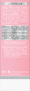 Różowa etykieta SUPREMELAB AZELAC DERM, dwufazowa esencja do cery wrażliwej, z tekstem o składnikach i użyciu.