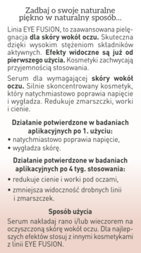 Tekst reklamowy o serum EYE FUSION do pielęgnacji oczu, na jasnym tle, z badaniami po 1. i 4. użyciu.