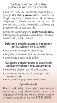 Jasnobrązowy tekst o kremie Uzdrovisco Eye Fusion pod oczy. Opisuje regenerację, redukcję zmarszczek, worków, cieni.
