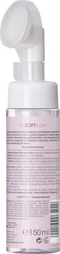 Tył różowej butelki MIYA mySOFTfoam pianki do mycia twarzy 150 ml z białą szczoteczką. Widoczna etykieta.