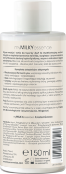 Tył białej butelki myMILKYessence kojącej emulsji i toniku 2w1 150ml z widoczną listą składników.
