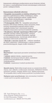 Fragment zgniecionej ulotki serum Veoli Botanica Focus Pigmentation Essence, opisujące składniki i działanie.