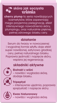 Różowa etykieta serum Bielenda Cherry Plump z opisem działania i składników: wiśnia, peptyd, kwas hialuronowy.