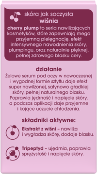 Etykieta Bielenda Cherry Plump serum pod oczy w sztyfcie, opisująca działanie: nawilżanie, tripeptyd, ekstrakt z wiśni.