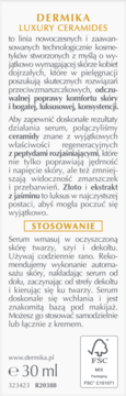 Dermika Luxury Ceramides serum 30 ml, biało-złota etykieta, widok z przodu, z ceramidami i peptydami.