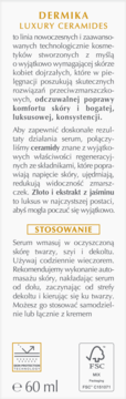 Dermika Luxury Ceramides, serum z ceramidami, złotem i jaśminem, 60 ml, widok z przodu białej etykiety.
