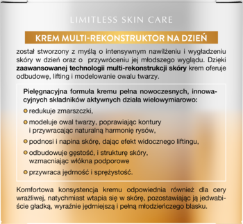 Infografika kremu Dermika Limitless Skin Care Multi-Rekonstruktor na dzień: nawilżanie, lifting, redukcja zmarszczek.