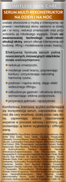 Pionowa etykieta serum Dermika Limitless Multi-Rekonstruktor na dzień i noc, z opisem działania, składem, tło srebrno-złote.