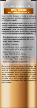 Tekst marketingowy Limitless Skin Care Serum-Masażer Multi-Rekonstruktor na złoto-białym opakowaniu.