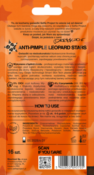 Tył pomarańczowego opakowania hydrokoloidowych plasterków Anti-Pimple Leopard Stars z nadrukiem w panterkę, widoczne składniki i kod QR.