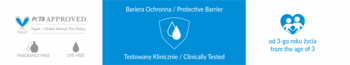Informacyjny baner: certyfikat AIR APPROVED, tarcza ochronna, Clinically Tested, dla dzieci od 3 lat.