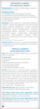 Back label of Topical Cica Cream, white with multilingual text describing strong regeneration & relief.