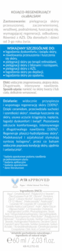 Tylna etykieta balsamu kojąco-regenerującego 60 ml. Widoczne wskazania, skład, certyfikat PETA.