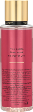 Tył różowej mgiełki Victoria's Secret o zapachu Pink petals, Sheer musk. Widoczne informacje producenta i złoty korek.