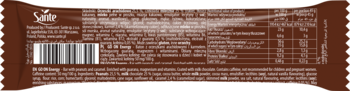 Tył brązowego opakowania batona Go On Energy z orzechami, karmelem, czekoladą. Zawiera guaranę i magnez.