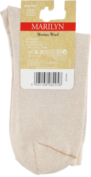 Beżowe skarpetki damskie Marilyn Merino Wool Soft, jeden rozmiar, widok z przodu z etykietą.