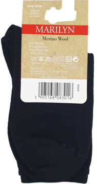 Czarne damskie skarpetki wełniane Marilyn Merino Wool Soft, jeden rozmiar, z brązową etykietą i logo.
