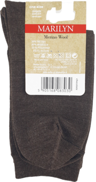 Czekoladowe skarpetki Marilyn Merino Wool, one size, z prominentną metką produktu i składem, złożone na płasko.