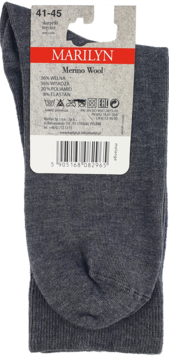 Ciemnoszare męskie skarpety MARILYN Merino Wool Soft, złożone, z metką producenta widoczną od przodu.