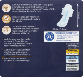 Tył ciemnego opakowania podpasek Facelle Ultra Extra nocnych, z białym tekstem cech: 12h, 2.5mm grubości i grafika.