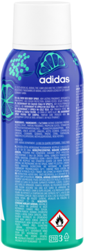 Tył opakowania Adidas Vibes Energy Drive body spray, niebiesko-zielony gradient, białe napisy, ikony cytrusów i ostrzegawcze symbole.