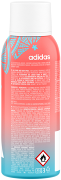 Tył dezodorantu adidas Vibes Happy Feels w sprayu, różowo-niebieskie opakowanie z listą składników i ostrzeżeniami.