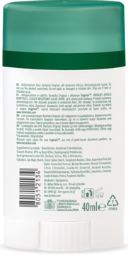 Tył białego antyperspirantu Borotalco Original w sztyfcie, zielona nakrętka, z widoczną etykietą 40ml.