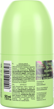 Tył jasnozielonego dezodorantu roll-on, 50 ml, o zapachu melona z aloesem, z opisem działania i kodem kreskowym.