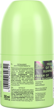 Tył jasnozielonego antyperspirantu roll-on Fresh of the Runway, zapach melona z aloesem, z etykietą, 50ml.