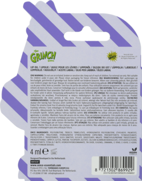 Grinch lip oil w fioletowo-białym opakowaniu, tył z listą składników, objętość 4 ml, logo Vegan.